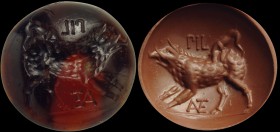 A roman repubblican agate intaglio. Boar attacked by a dog. Inscription in the field: PIL (in the upper part) ANTE (dyphtong, in the lower part). Work...