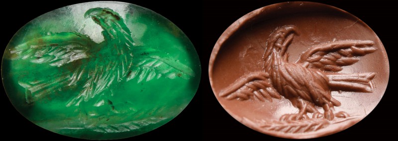 A roman green chalcedony intaglio. Imperial eagle. It proudly spreads its wings,...