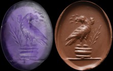 A roman amethyst intaglio. Eagle. The bird, holding a laurel wreath in its beak, is lying on a pedestal, from which a palm branch comes out. Allegoric...