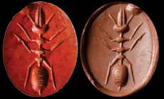 A roman red jasper intaglio. Ant. The insect is seen from above; has six legs and holds a wheat grain in its mouth. Small chipping in the higher secti...