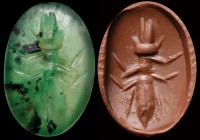 A roman green chalcedony intaglio. Ant. The insect is seen from above; has six legs and a wheat grain in its mouth. 1st - 2nd century A.D. For compari...
