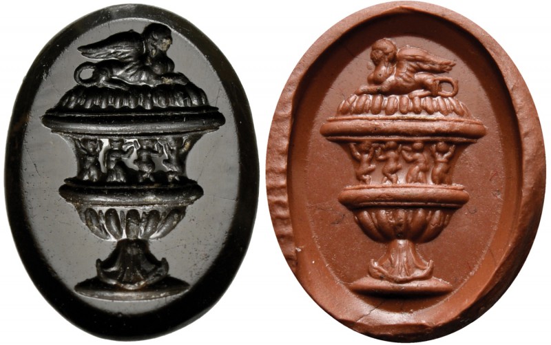 A roman black onyx intaglio. Decorated urn. The precious container (without hand...