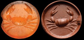 A roman carnelian intaglio. Crab. The intaglio is referred to zodiac signs (cancer). Chipping on the border and light wear marks. 1st - 2nd century A....