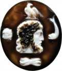 A fine roman cameo in onyx-sardonyx. Zeus with the four elements. The king of the Olympus, laureate, is turned to the right and charatcerized by thick...