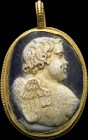 A roman glass paste cameo, mounted in an ancient gold pendant. Bust of Eros. The winged youth is depicted with head in profile and naked back in three...