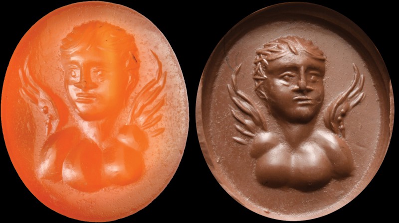 A roman carnelian intaglio. Bust of Eros. The young winged youth is depicted fro...