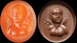 A roman carnelian intaglio. Bust of Eros. The young winged youth is depicted frontally, with a very light torsion of the bust to the right and of the ...