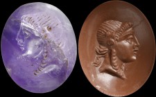 A roman amethyst intaglio. Head of young Bacchus. The effigy of the god, turned to the left, has the hair tightened on the nape by a braid, going down...