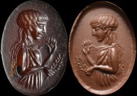 A roman sard intaglio. Young offerer. The girl, turned to the right, has her hair held by a ribbon, and is wearing a light tunic. With her left hand s...