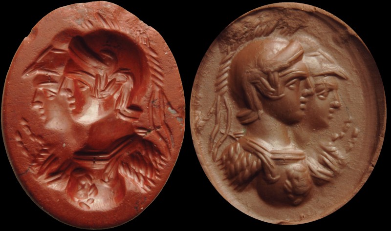 A roman red jasper intaglio. Conjoined busts of Mars and Athena, both turned to ...