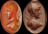 A roman carnelian intaglio. Bust of Artemis, turned to the left. The goddess is wearing her typical tunic, and and carries bow and quiver on her back....