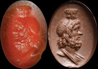 A roman carnelian intaglio. Bust of Zeus Serapis, in profile to the left. The engraving is cared in details and carried out with artistry (considering...