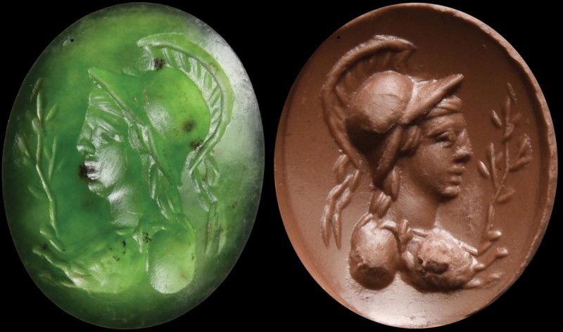 A roman, green chalcedony intaglio. Bust of Athena, turned to the left. The godd...