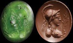 A roman, green chalcedony intaglio. Bust of Athena, turned to the left. The goddess is wearing helmet and gorgoneion. In the field, an olive twig, sin...