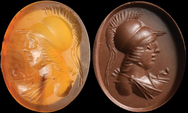 A roman carnelian intaglio. Bust of Athena, turned to the left. 1st - 2nd centur...