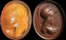 A roman carnelian intaglio. Bust of Athena, turned to the left. 1st - 2nd century A.D.
9 x 12 x 2 mm