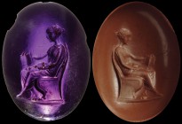 A fine, roman republican amethyst intaglio. Reading girl. The female figure, turned to the left, is elegantly seated on a throne with a curved back an...