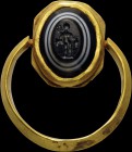 A roman five-layer agate intaglio, mounted on an ancient gold ring. Mercury. The god is turned to the right, holding the caduceus with his right arm, ...