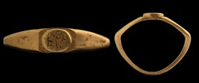 A roman gold ring. Inscription. ER-MES engraved on the small oval bezel (ERMES, engraved inverted, in order to be correctly read on the cast). Slight ...