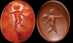 A roman republican carnelian agate intaglio. Putto. The winged figure is running to the left, holding a torch in his right hand. Small ground line. Pr...