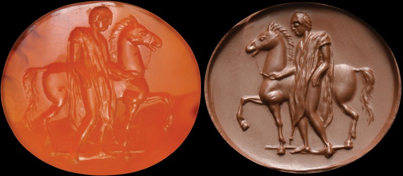 A roman republican, deep red carnelian intaglio. Male character, with a horse. T...