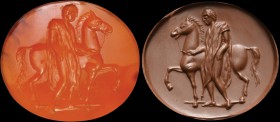 A roman republican, deep red carnelian intaglio. Male character, with a horse. The male character, taller than the horse (which instead should be, as ...