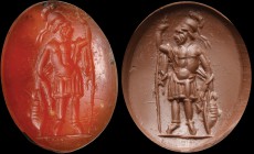 A roman carnelian intaglio. Mars. The god of war is wearing helmet, armour, cape (held by the arms) and sandals; he is holding the spear in his right ...