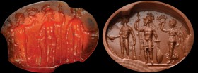 A roman carnelian intaglio. Mythological scene. On the left, a winged victory is advancing towards right, holding a palm branch and lifting a laurel w...