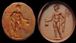 A roman intaglio, in striped yellow jasper. Mercury. The god, standing up, is wearing a petasos and sandals, holding the caduceus in his right hand an...