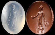 A roman chalcedony intaglio. Bonus Eventus. The standing figure is holding a patera in the left hand, and two wheat ears in the right one. At the bott...