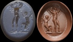 A roman nicolo intaglio. Daedalus and Icarus. The standing figure, younger and more muscled, can be identified with Icarus, wide opening his arms whic...