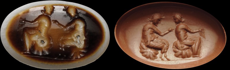 A double-layer, roman agate intaglio. Pan and Syrinx. The Faun, sitting on a roc...