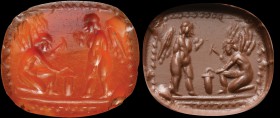 A roman carnelian intaglio. Two manufacturer puttos. The scene, framed by a hatched border, shows a putto with a knee on the floor, hitting an anvil w...