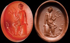 A roman carnelian intaglio. Seated Muse. The female figure, partially draped, is sitting on a round base, which she is leaning her left hand upon. In ...