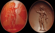 A roman, carnelian intaglio. Standing, radiated Helios, lifting up his left hand and holding a drape and the solar whip in his right one. The iconogra...