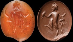 A roman carnelian intaglio. Advancing faun, with attributes (Pan). He is holding the syrinx in his right hand and the pedum in the left one. Light chi...