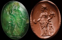 A roman green chalcedony intaglio. Abundance. The personification of plenty and prosperity, draped, is holding a full cornucopia with her right arm, h...