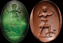 A roman, green chalcedony intaglio. Arthemis. The goddess is running to the left, flanked by her hound. She is holding her bow in her left hand, takin...