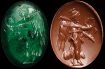 A roman, green chalcedony intaglio. Winged victory. The figure, draped and turned to the left, is holding a palm branch in her right hand, lifting up ...