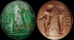 A roman, green chalcedony intaglio. Eros and Psyche. Young Love is in front of a column, which a butterfly has alighted upon. At the bottom, a small s...