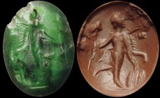A roman, green chalcedony intaglio. Dancing Maenad, with attributes. The figure is holding a thyrsus in her right hand, wearing the typical feline fur...