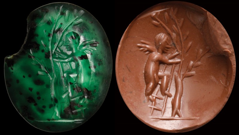A roman, green chalcedony intaglio. Eros on a ladder. The winged putto is climbi...