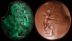 A roman, green chalcedony intaglio. Eros on a ladder. The winged putto is climbing a stair, which is leaning against a tree. The left border is fragme...