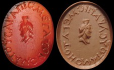 A carnelian intaglio. Bust of Zeus Serapis, turned to the left, surrounded by the inscription in greek letters: ΜΕΓΑΤΟΝΟΜΑΤΟΥCAPAΠIC. That is: MEGA TO...