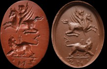 A roman red jasper intaglio. Bellerophon and Chimera. The greek hero, riding Pegasus, is about to throw his spear against Chimera (monstrous creature)...