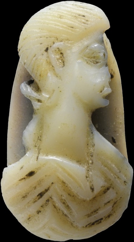 A roman, double-layer onyx cameo. Bust of a woman. The effigy is in profile to t...