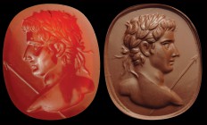 A deep red carnelian intaglio. Bust of laureate emperor with spear (resemblance to Tiberius, ascribable to portraits from the julio-claudian dinasty);...