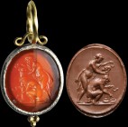 A carnelian intaglio, mounted in a modern, gold and silver pendant. A scene of country sacrifice. A male character, turned to the left, is seated down...