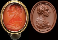 A carnelian intaglio, mounted in a metallic seal. Portrait bust of Alexander Pope (1688-1744). A. Pope was one of the most important english poets of ...