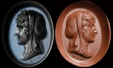 A fine nicolo intaglio by G.B. Pichler. Bust of Flora. The elegant female effigy is turned to the left with her head in profile, capite velato; a flow...
